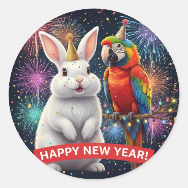 Pegatina Redonda Rabbit and Parrot New Year Sticker (Anverso)