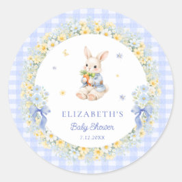 Pegatina Redonda Rabbit Blue Gingham Baby Shower Thank You