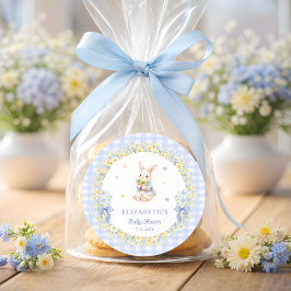 Pegatina Redonda Rabbit Blue Gingham Baby Shower Thank You