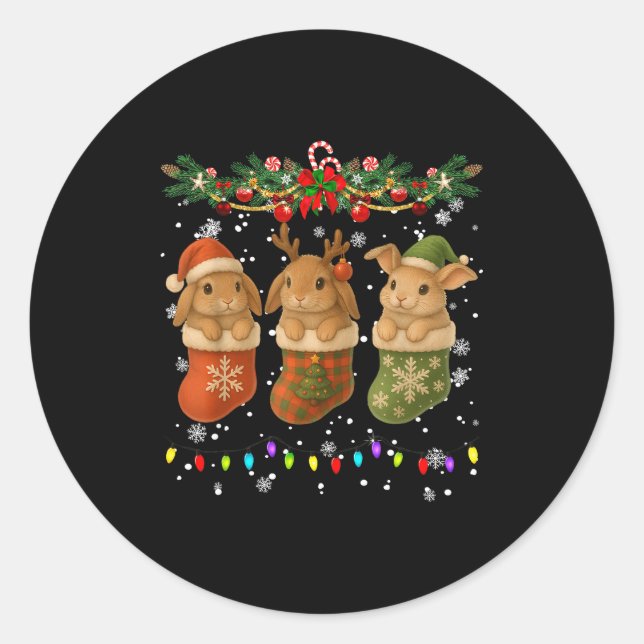 Pegatina Redonda Rabbit In Christmas Socks Lights Rabbit Xmas  (Anverso)