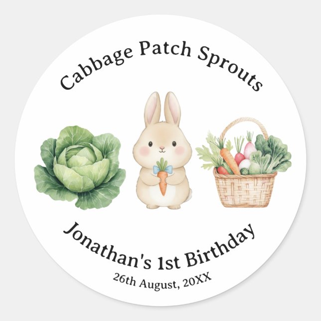Pegatina Redonda  Rabbit Veggie Basket First Birthday Favor (Anverso)