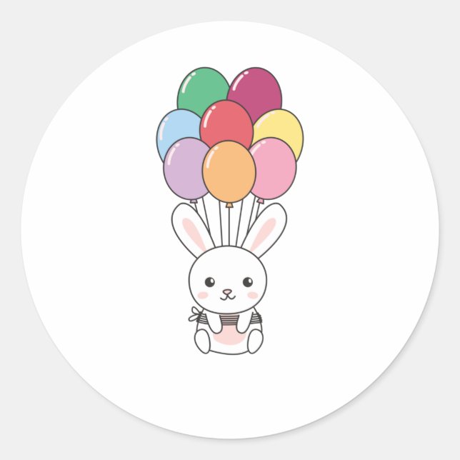 Pegatina Redonda Rabbit vuela con globos coloridos (Anverso)