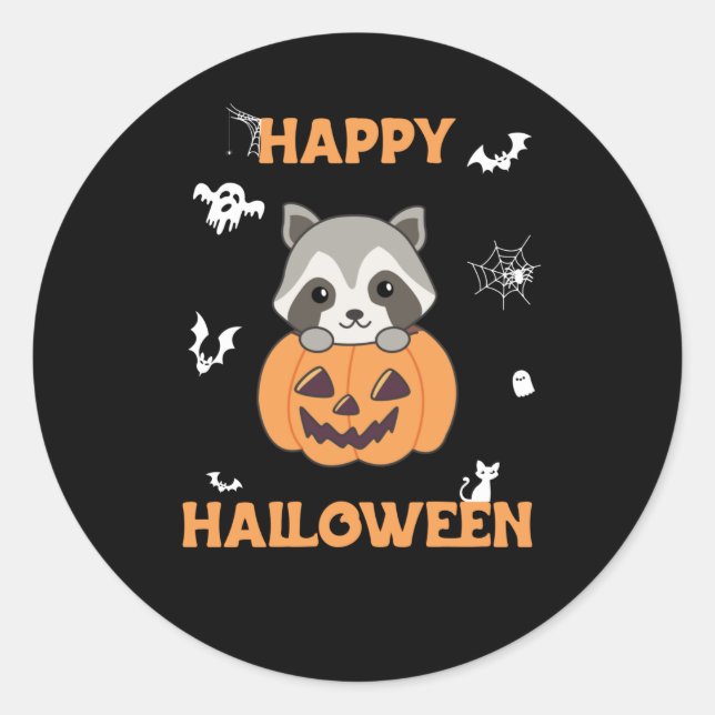 Pegatina Redonda Raccin En Calabaza Dulce Raccoon Feliz Halloween (Anverso)