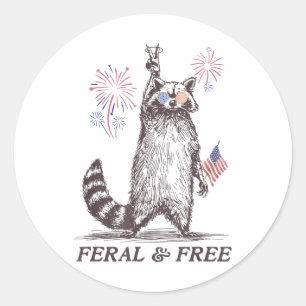 Pegatina Redonda Raccón Feral Y Gratuito, Raccoon Gracioso 4 De Jul