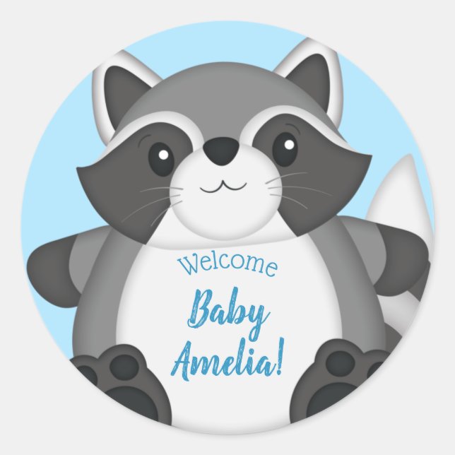 Pegatina Redonda Raccoon Baby Shower Blue (Anverso)