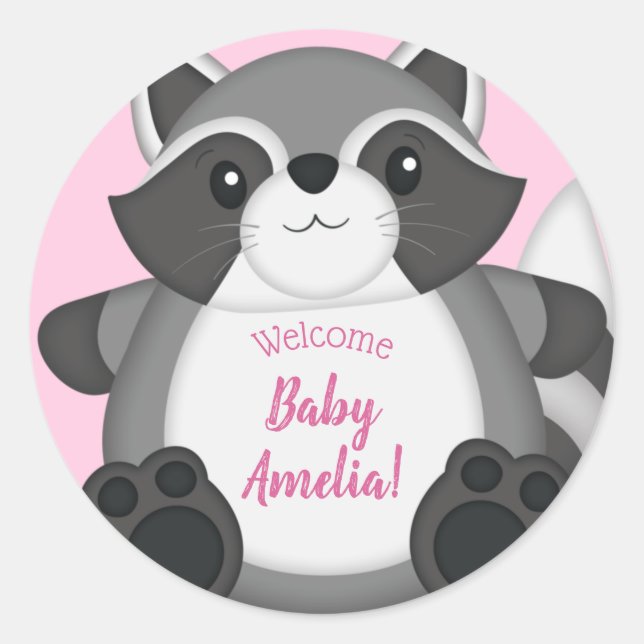 Pegatina Redonda Raccoon Baby Shower Pink (Anverso)