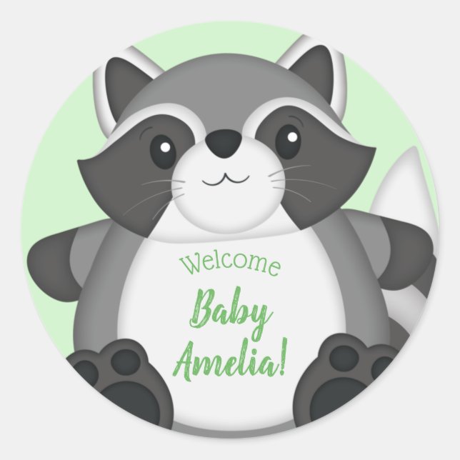 Pegatina Redonda Raccoon Baby Shower Woodland (Anverso)