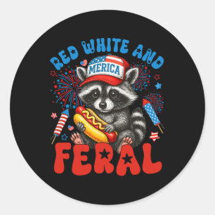 Pegatina Redonda Raccoon Blanco Rojo Y Feral Funny Usa 4 De Julio