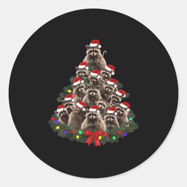 Pegatina Redonda Raccoon Christmas Tree Lights Pajama Racoon Lover  (Anverso)