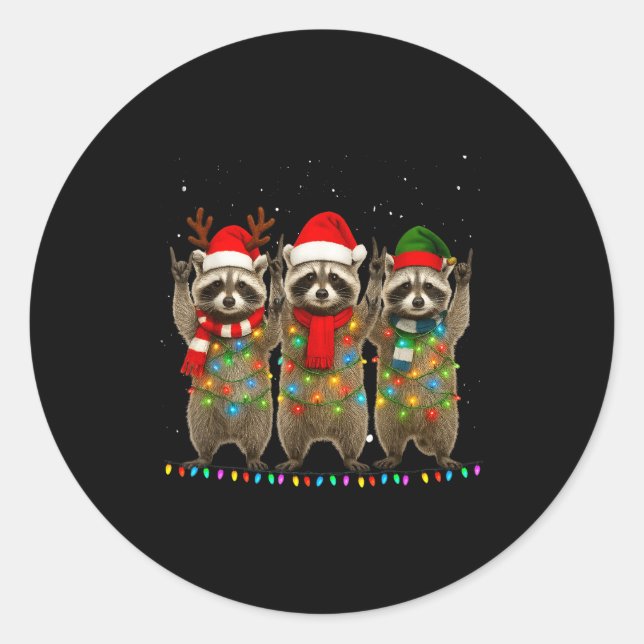 Pegatina Redonda Raccoon Christmas Tree Lights Pajama Racoon Lover  (Anverso)