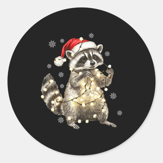 Pegatina Redonda Raccoon Christmas Tree Lights Pajama Racoon Lover  (Anverso)