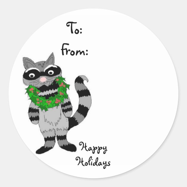 Pegatina Redonda Raccoon con Wreath Navidades (Anverso)