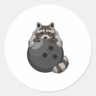 Pegatina Redonda Raccoon en el Bowling con bolas