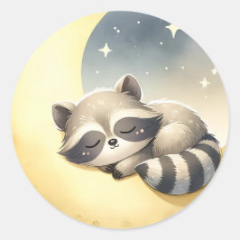 Pegatina Redonda Raccoon en la luna de los niños animales de Woodla