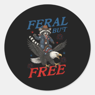 Pegatina Redonda Raccoon Feral Pero Gratuito 4 De Julio Ee.Uu. Patr