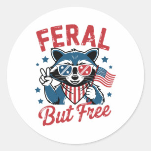 Pegatina Redonda Raccoon Feral Pero Gratuito 4 De Julio Ee.Uu. Patr