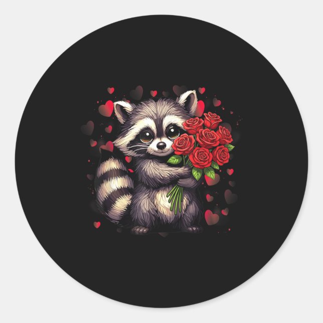 Pegatina Redonda Raccoon Holding Red Rose Cute Raccoon Valentine An (Anverso)