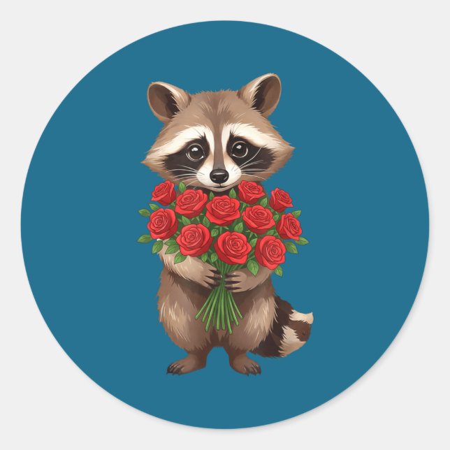 Pegatina Redonda Raccoon Holding Red Rose Cute Raccoon Valentine An (Anverso)