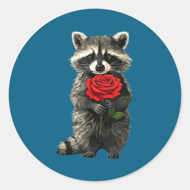 Pegatina Redonda Raccoon Holding Red Rose Cute Raccoon Valentine An (Anverso)