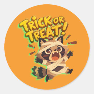 Pegatina Redonda Raccoon lindo con disfraz de momia con truco o tru