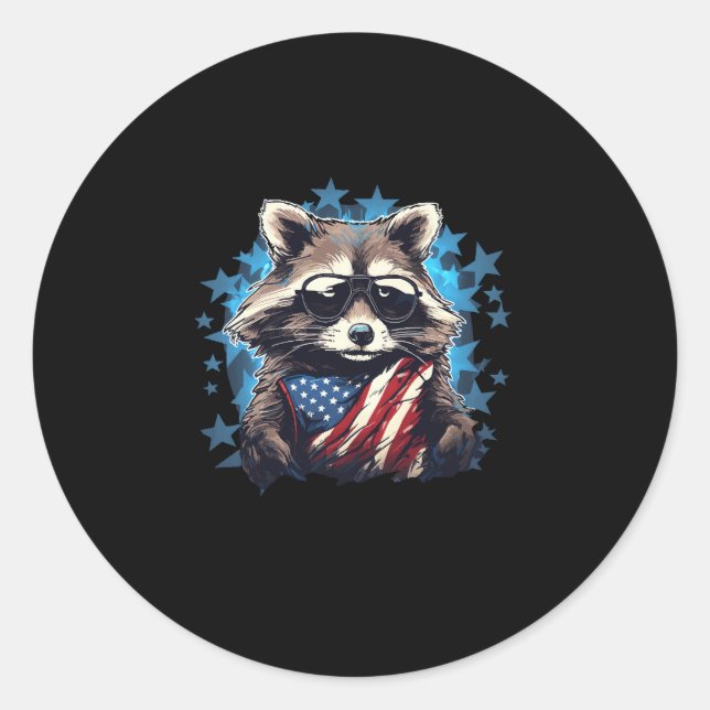 Pegatina Redonda Raccoon orgullosamente Bandera de Estados Unidos T (Anverso)
