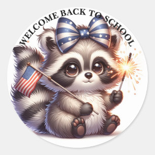 Pegatina Redonda Raccoon Patriótico De Vuelta A La Escuela