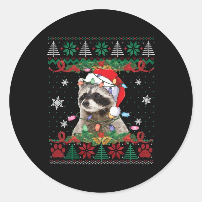 Pegatina Redonda Raccoon Santa Hat Navidades Ugly Sweater Animales  (Anverso)