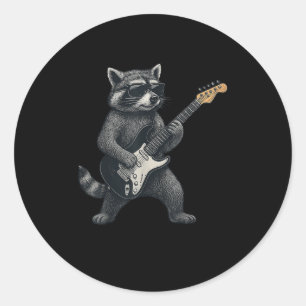 Pegatina Redonda Raccoon Tocando Rock De Guitarra Y Regalo De Rollo