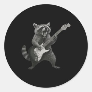 Pegatina Redonda Raccoon Tocando Rock De Guitarra Y Rollo Guitarist