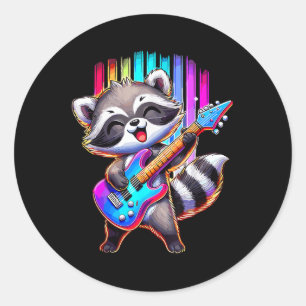 Pegatina Redonda Raccoon Tocando Rock Y Rollo De Guitarra