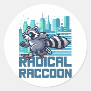 Pegatina Redonda Raccoon Urban Skateboarder