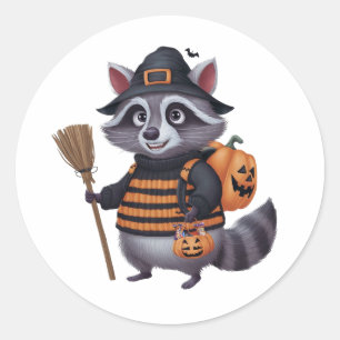 Pegatina Redonda Raccoon vestido con una espeluznante Halloween