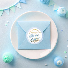 Pegatina Redonda Race Car Blue Watercolor Boy First Birthday 