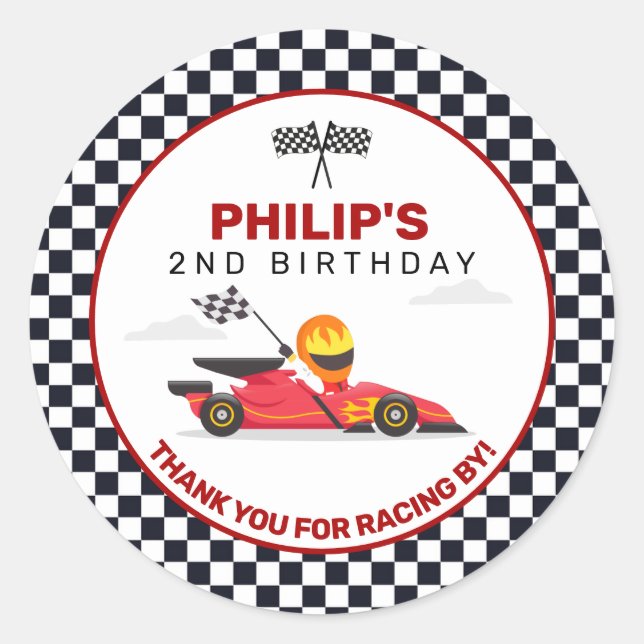 Pegatina Redonda Race Car Carreras Dos Fast Boy Birday Gracias (Anverso)