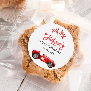 Pegatina Redonda Race Car Red Carreras Boy Primer Cumpleaños