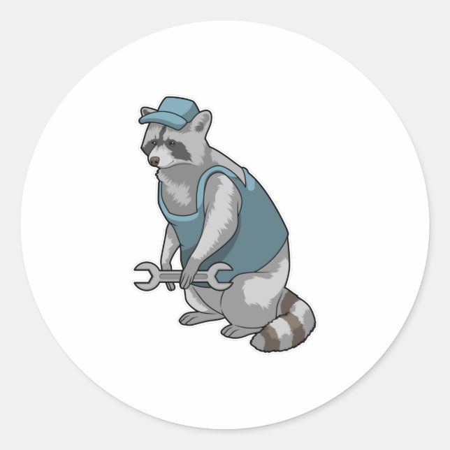 Pegatina Redonda Racoon como artesano con llave (Anverso)