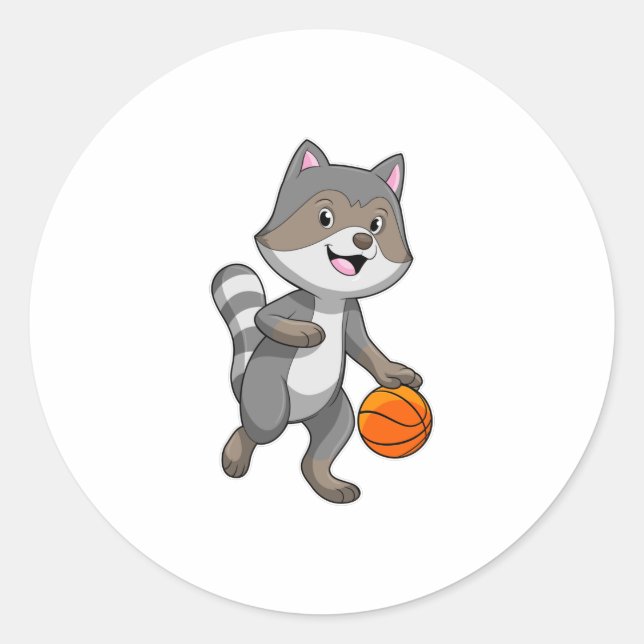Pegatina Redonda Racoon como jugador de baloncesto con baloncesto (Anverso)