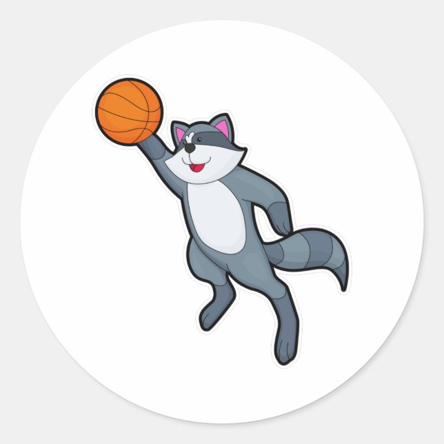 Pegatina Redonda Racoon como jugador de baloncesto con baloncesto (Anverso)