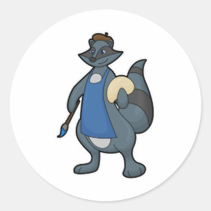 Pegatina Redonda Racoon como pintor con pincel