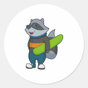 Pegatina Redonda Racoon como Snowboard con Snowboard