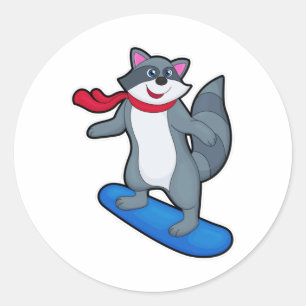Pegatina Redonda Racoon como Snowboard con Snowboard y Scarf