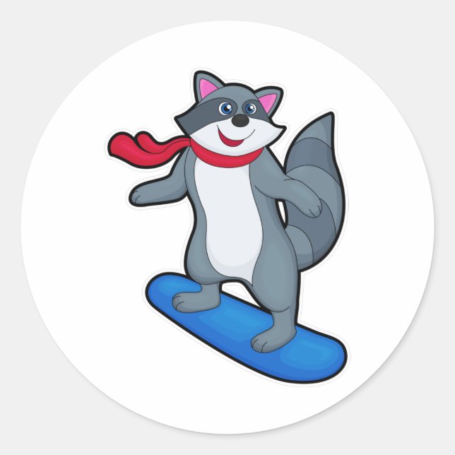 Pegatina Redonda Racoon como Snowboard con Snowboard y Scarf (Anverso)