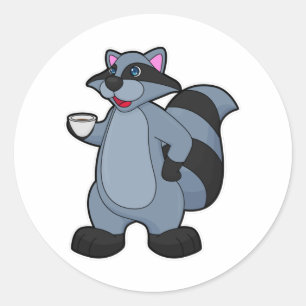 Pegatina Redonda Racoon con copa de café