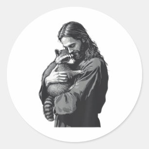 Pegatina Redonda Racoon Lover Trash Panda Christian Jesus Holding A