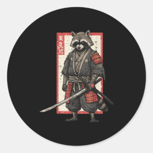Pegatina Redonda Racoon Samurai Katana Hombres guerreros japoneses