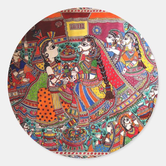PEGATINA REDONDA RADHA KRISHNA HINDU DICE ESTILO DE ARTE MADHUBANI (Anverso)