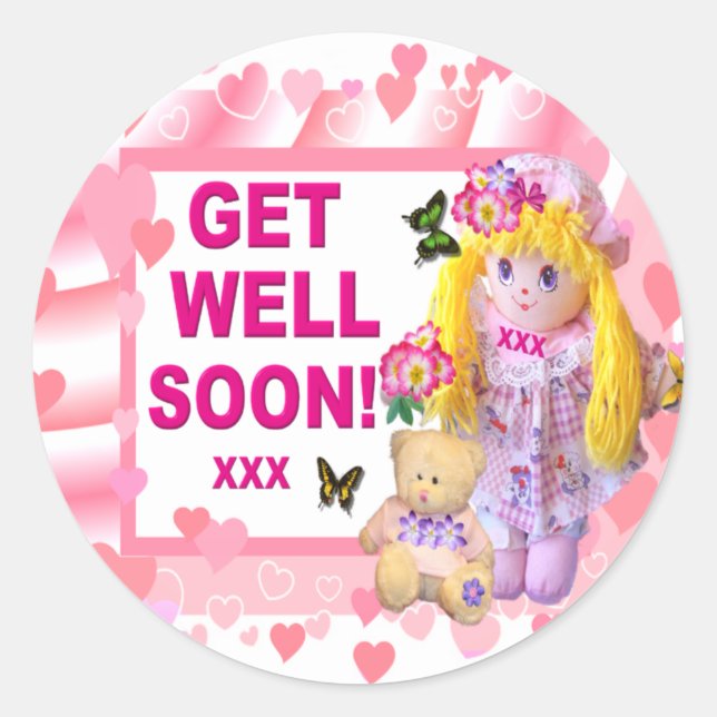 Pegatina Redonda RAG DOLL & TEDDY Get Well Pegatinas (Anverso)