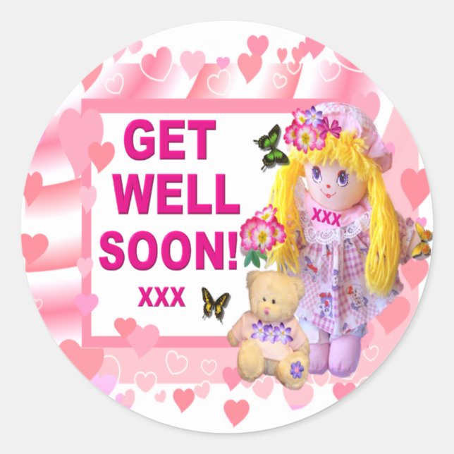 Pegatina Redonda RAG DOLL & TEDDY ~ Get Well Pegatinas (Anverso)