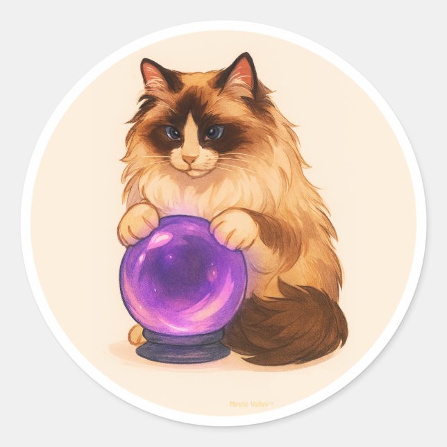 Pegatina Redonda Ragdoll cat with purple crystal ball (Anverso)