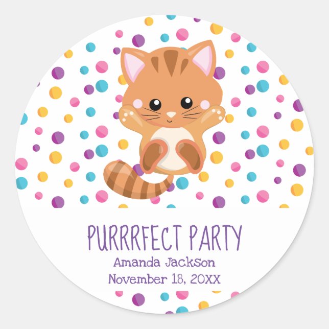 Pegatina Redonda Rainbow Confetti Cute Kitty Birday Party (Anverso)